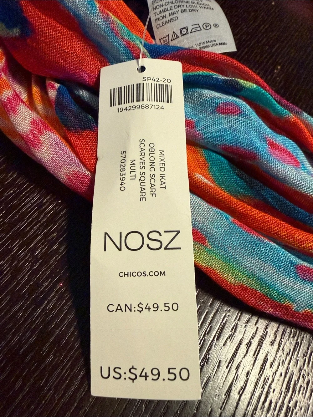 Chico’s Lightweight Multicolor Patterned Scarf - Pink, Orange, Blue, Purple